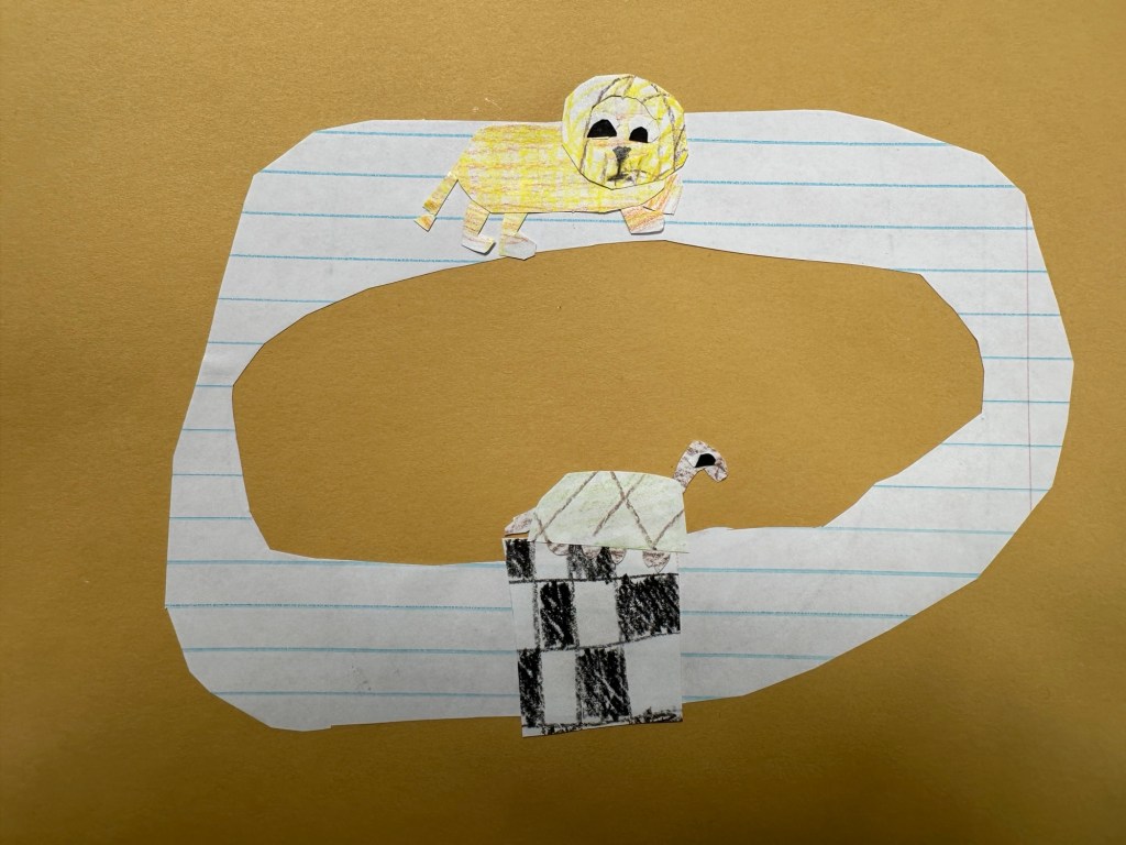 A paper collage of a lion and turtle on a race track