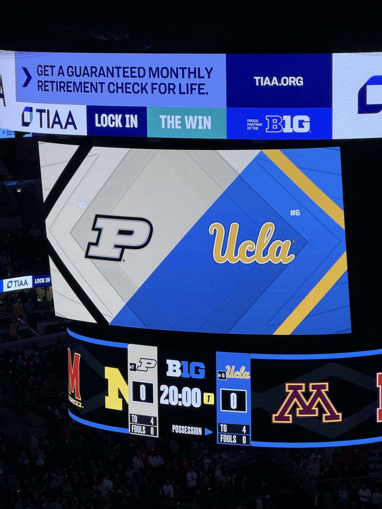 Picture of a UCLA / Purdue Scoreboard